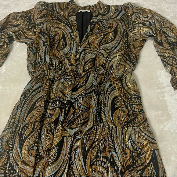 Elan Maxi Med. Dress Tiered Sheer Lined 3/4 Sleeve Metalic Gold Fairy Whimsical - Picture 14 of 14